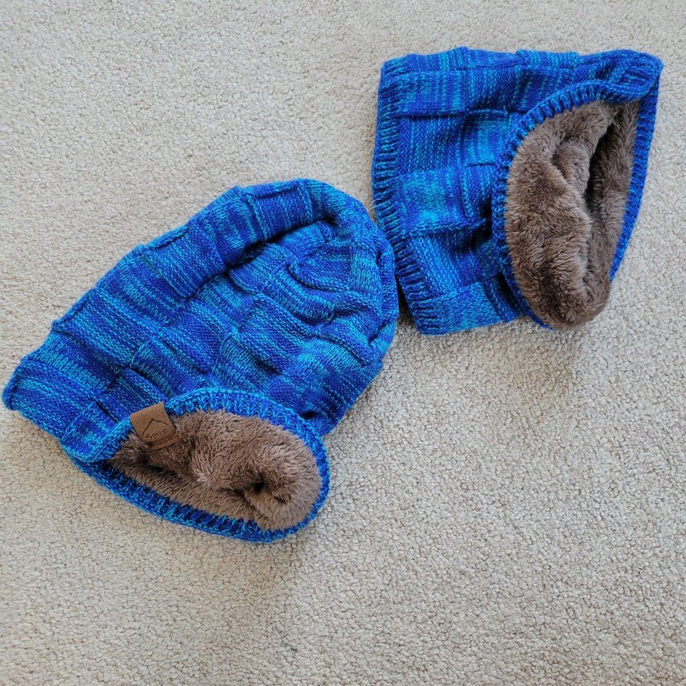 Blue Checkered Fuzzy Beanie Soft Fur Liner Ski Hat With Scarf Warm Knit Stretch - Picture 2 of 6